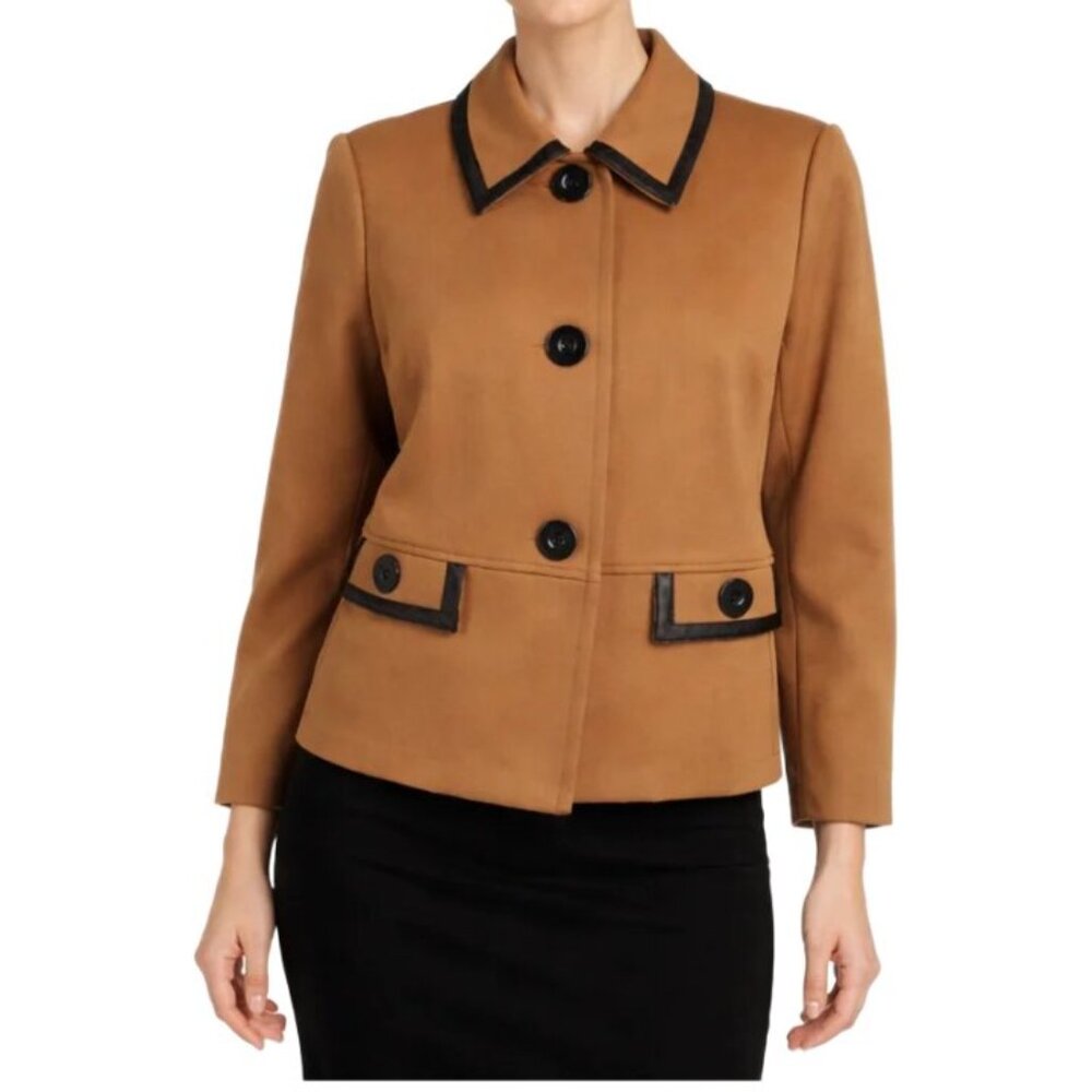 JM Collection Career Jacket Blazer Brown Faux Leather Trim Womens Medium